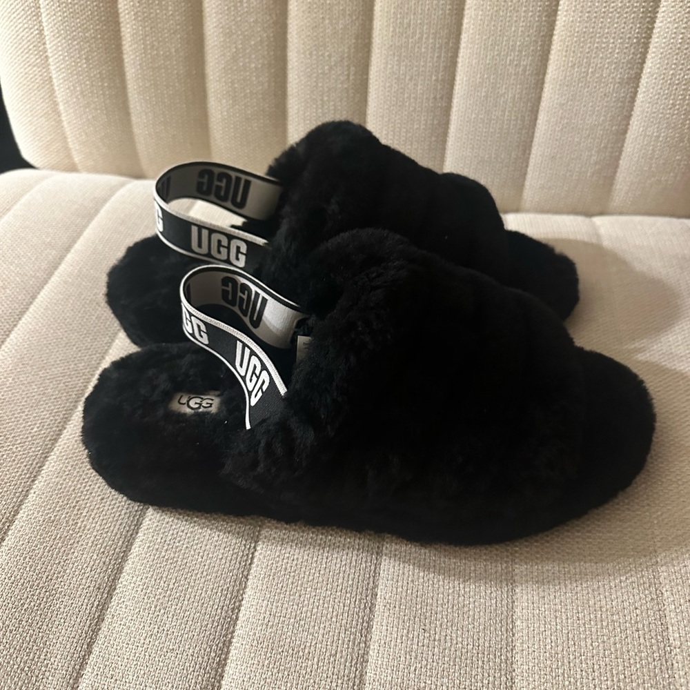 UGG Black Fluffy Slides with Logo Strap